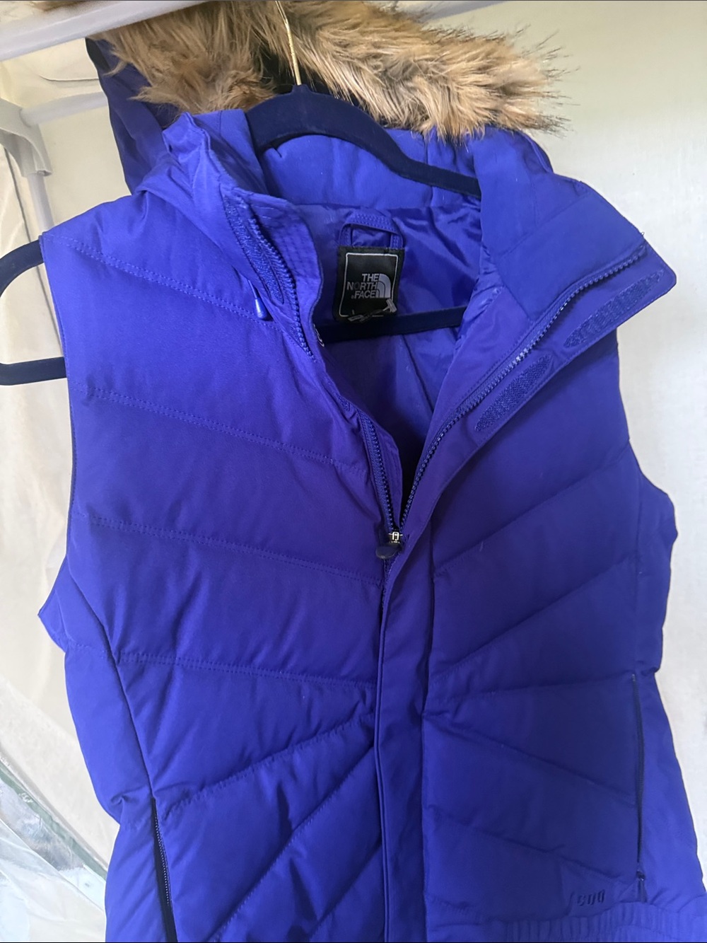 The North Face Women's Electric Purple Quilted Hooded Vest with Faux Fur Trim